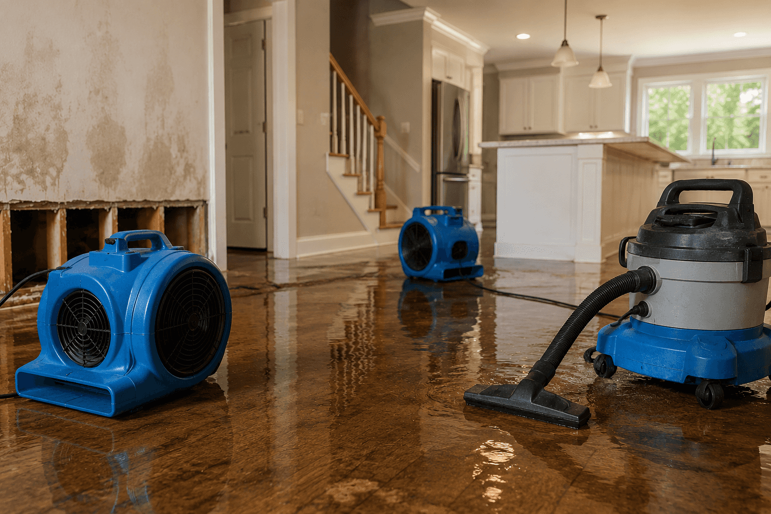 Water damage restoration in modern home