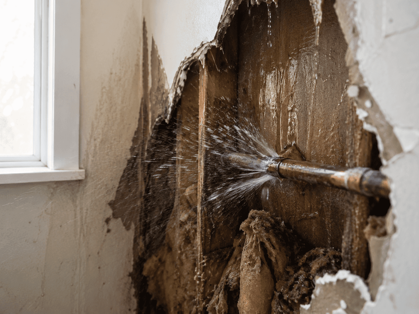A burst pipe in the wall.