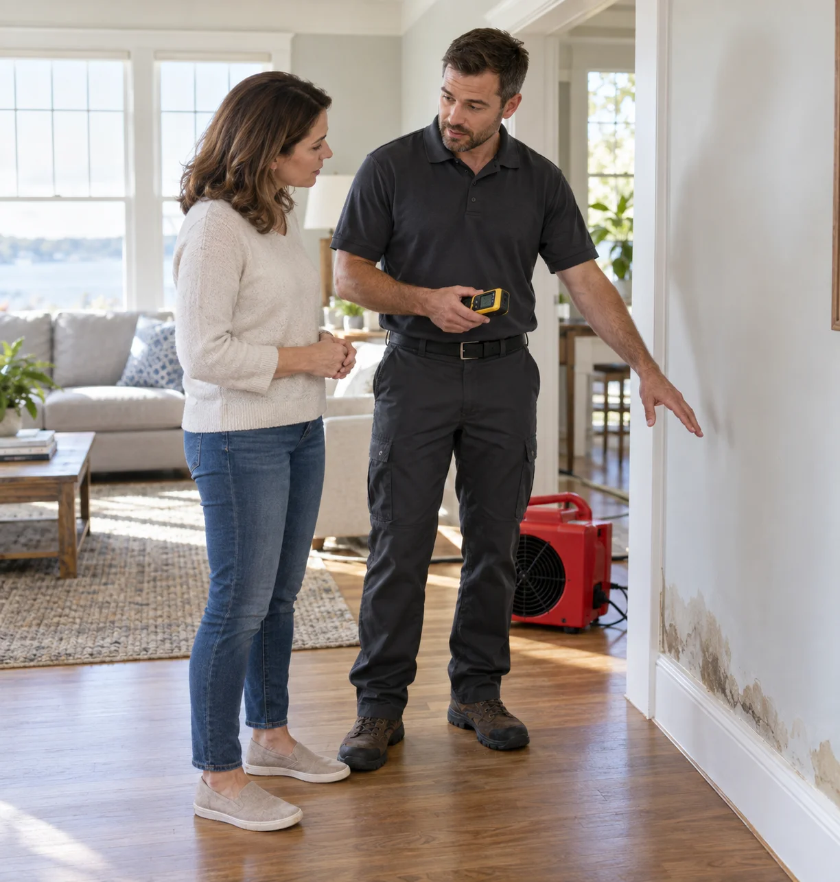 Restoration technician explaining a moisture inspection to a homeowner