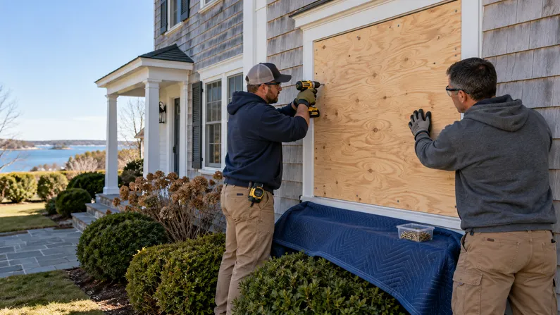 Two restoration technicians secure a measured plywood panel over a damaged ground-floor window on a Massachusetts home.