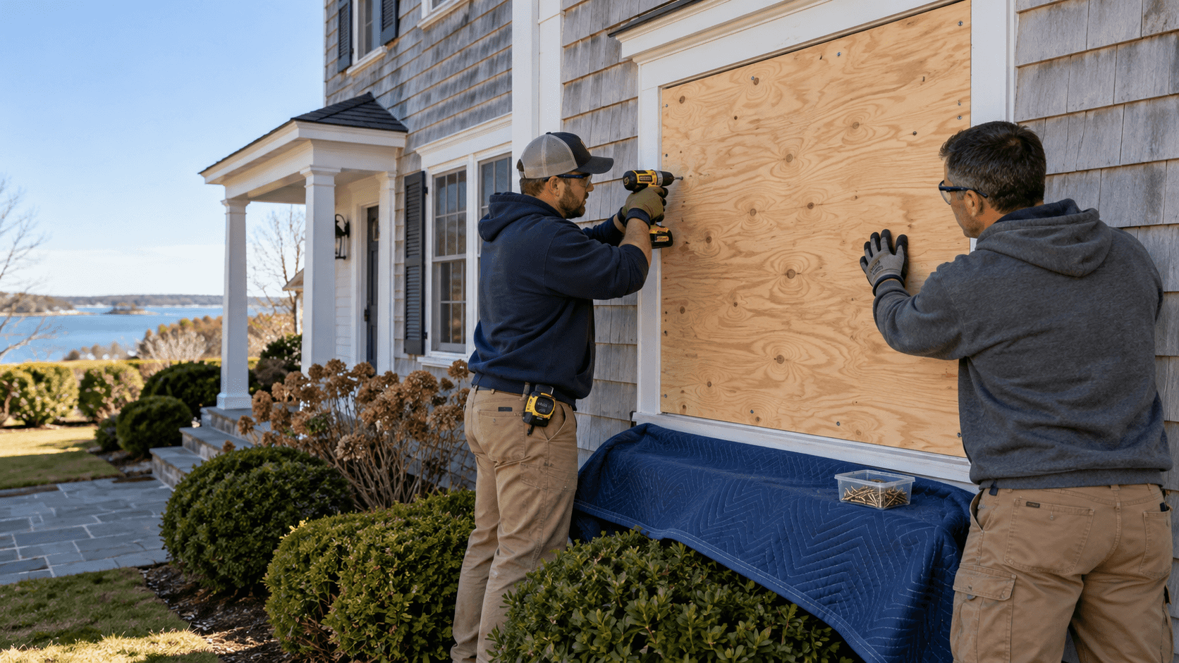 Two restoration technicians secure a measured plywood panel over a damaged ground-floor window on a Massachusetts home.