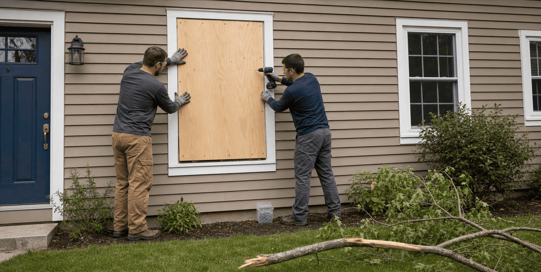 Two restoration workers secure a ground-floor window with plywood after storm damage.