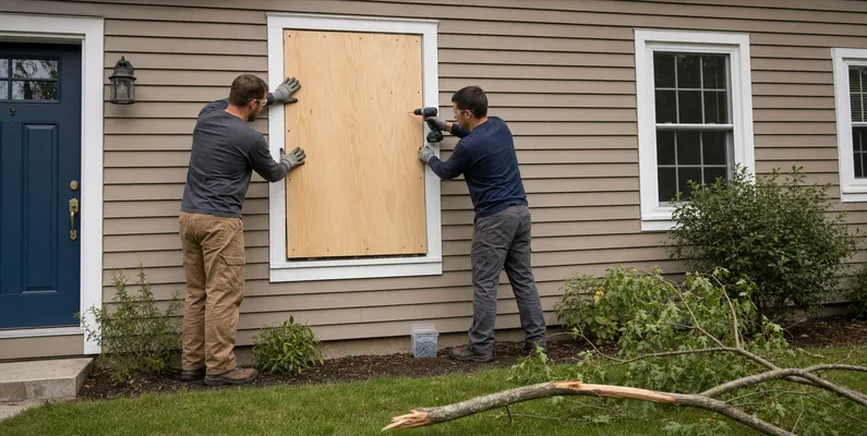 Two restoration workers secure a ground-floor window with plywood after storm damage.