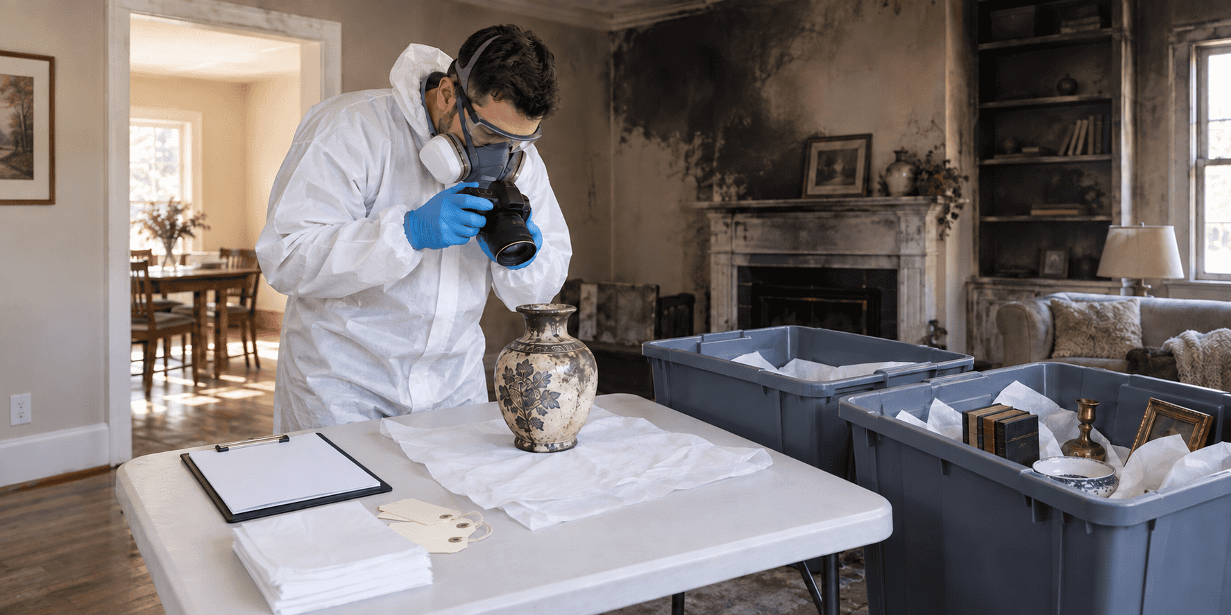 A protected restoration technician photographs a soot-affected vase before packing documented household contents into rigid totes.