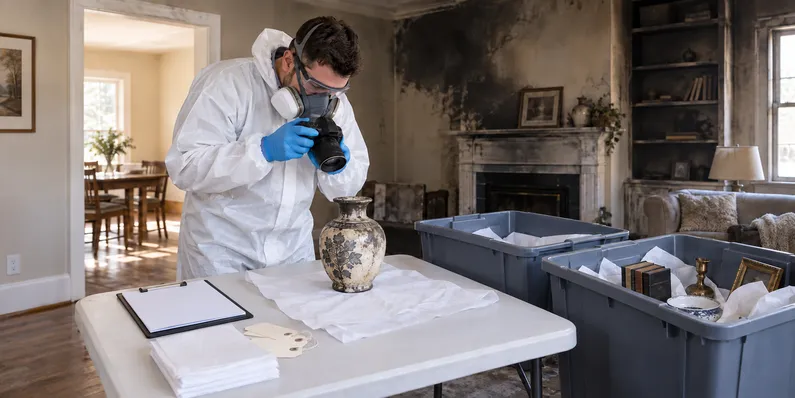 A protected restoration technician photographs a soot-affected vase before packing documented household contents into rigid totes.