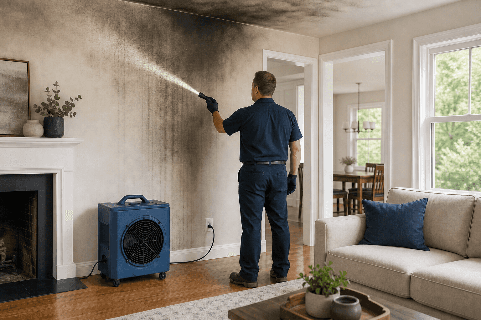 A restoration technician uses raking light to inspect soot patterns on a wall after a fire.