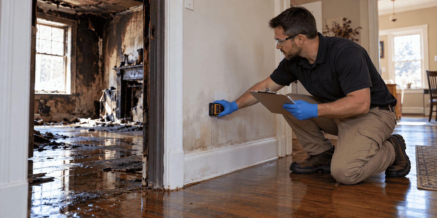 A restoration technician documents a moisture reading on damp drywall beside a fire-damaged room with firefighting water on the floor.