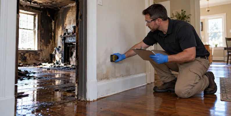 A restoration technician documents a moisture reading on damp drywall beside a fire-damaged room with firefighting water on the floor.