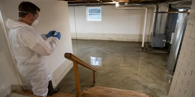 A restoration technician documents shallow stormwater in a flooded basement from the dry stair landing.