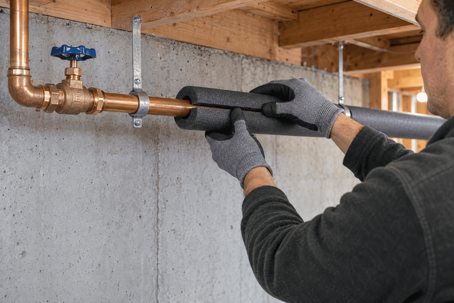A Massachusetts homeowner fits foam insulation around an exposed copper water pipe beside the main shutoff valve in an unfinished basement.