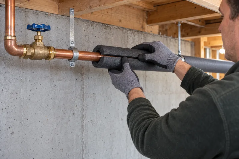 A Massachusetts homeowner fits foam insulation around an exposed copper water pipe beside the main shutoff valve in an unfinished basement.