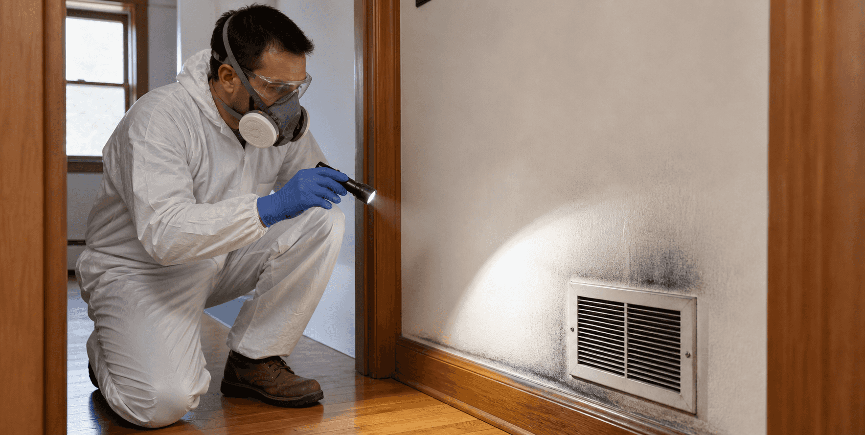 A restoration technician uses raking light to inspect soot around a wall register after a furnace puff-back.