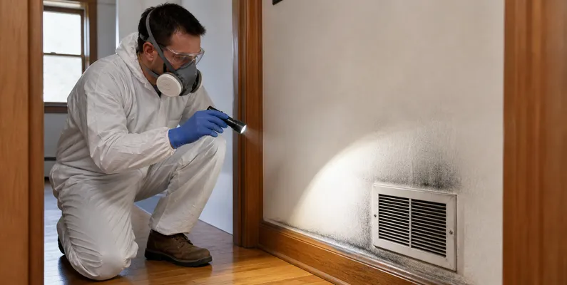 A restoration technician uses raking light to inspect soot around a wall register after a furnace puff-back.