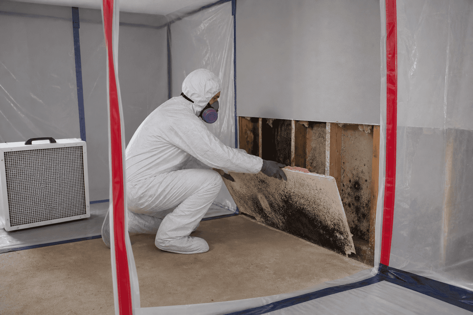 A mold remediation technician removes mold-damaged drywall inside a contained work area with HEPA filtration.