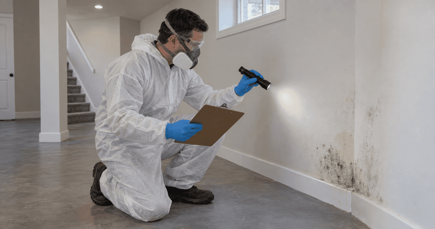 A restoration technician uses raking light to inspect a small mold-affected area and records the findings on a clipboard.
