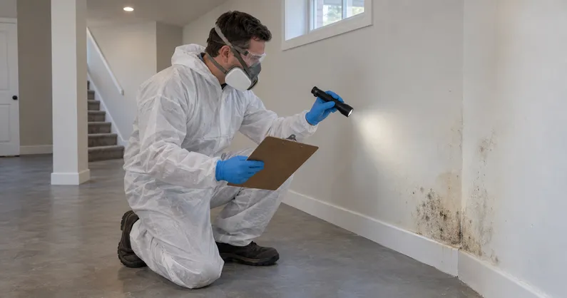 A restoration technician uses raking light to inspect a small mold-affected area and records the findings on a clipboard.