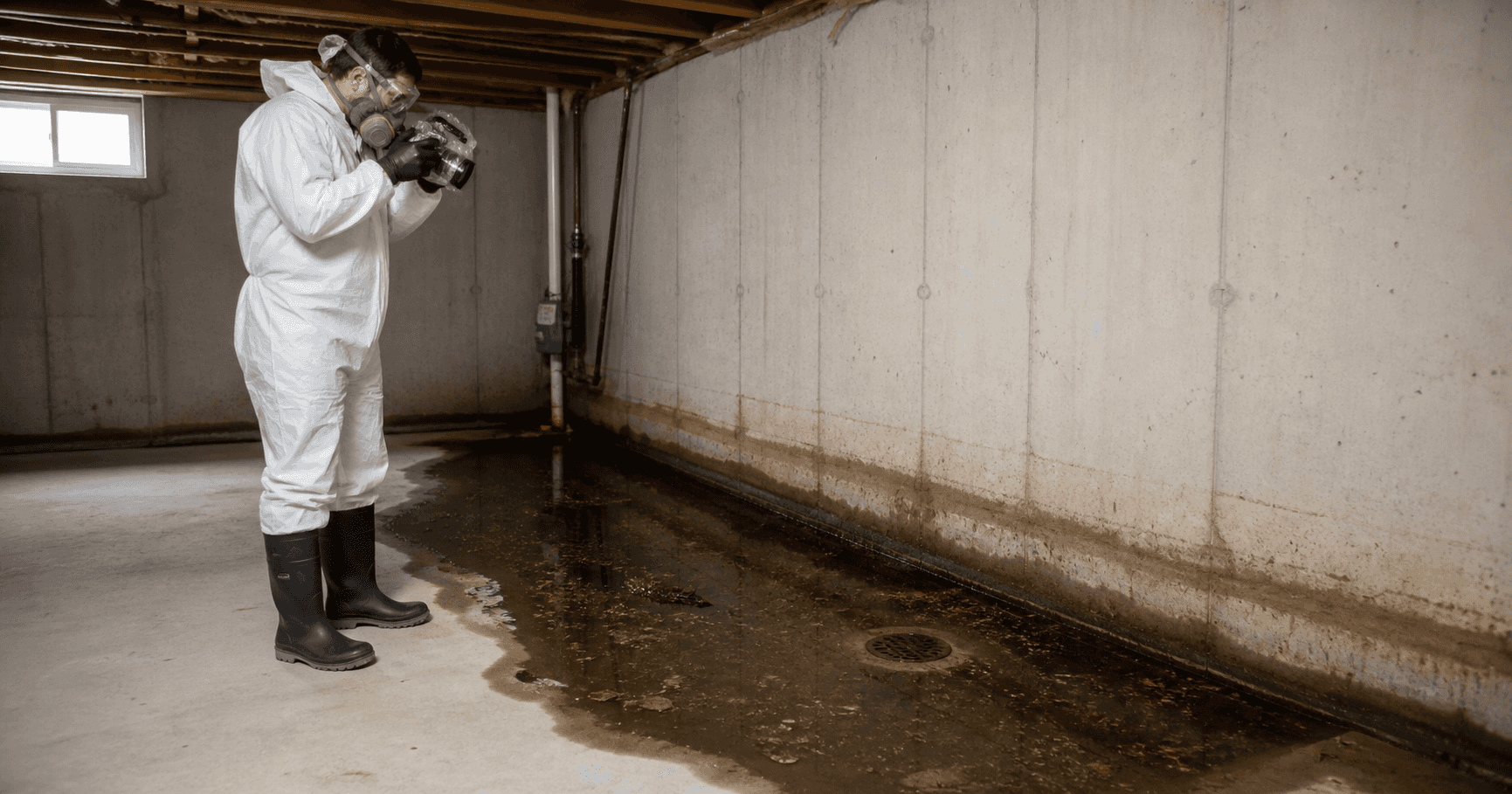 A restoration technician in sewage cleanup PPE photographs a backed-up basement floor drain and contamination line for loss documentation.