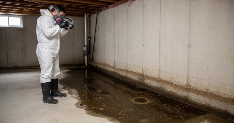 A restoration technician in sewage cleanup PPE photographs a backed-up basement floor drain and contamination line for loss documentation.