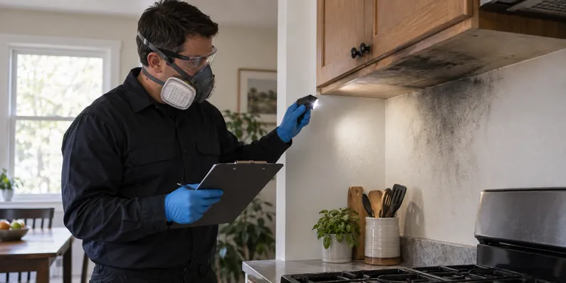 A protected restoration technician uses raking light to inspect soot beneath a kitchen cabinet while documenting the affected surface.