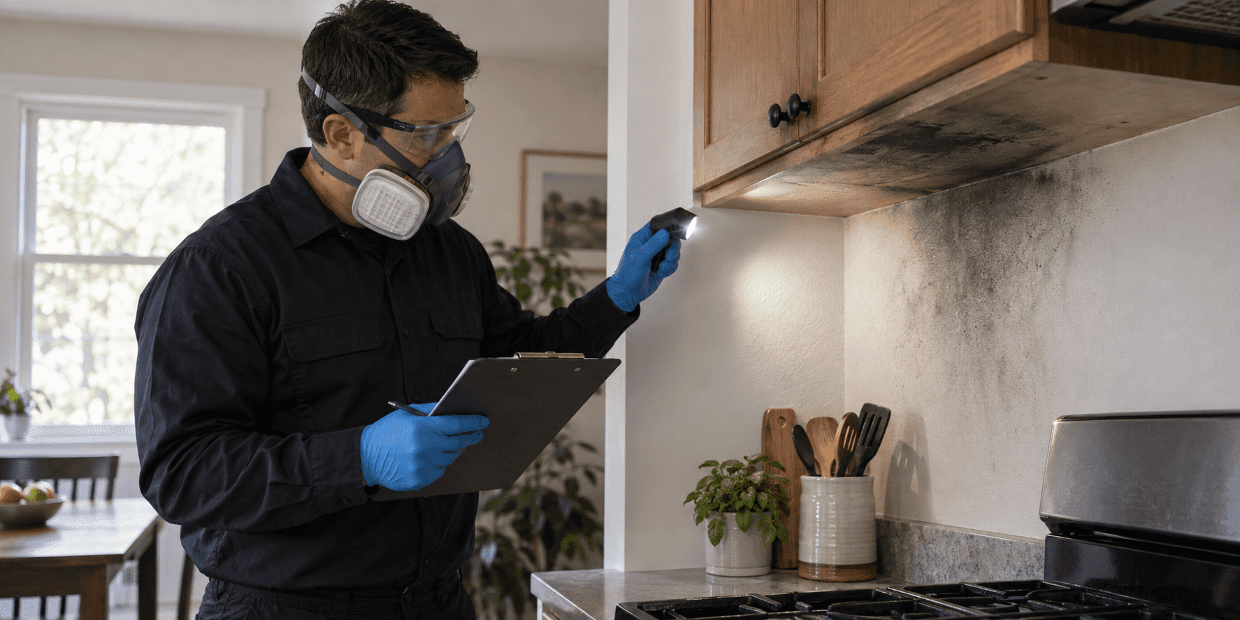 A protected restoration technician uses raking light to inspect soot beneath a kitchen cabinet while documenting the affected surface.