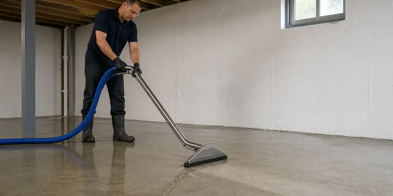 A restoration technician extracts clean water from a basement floor with a professional floor wand.