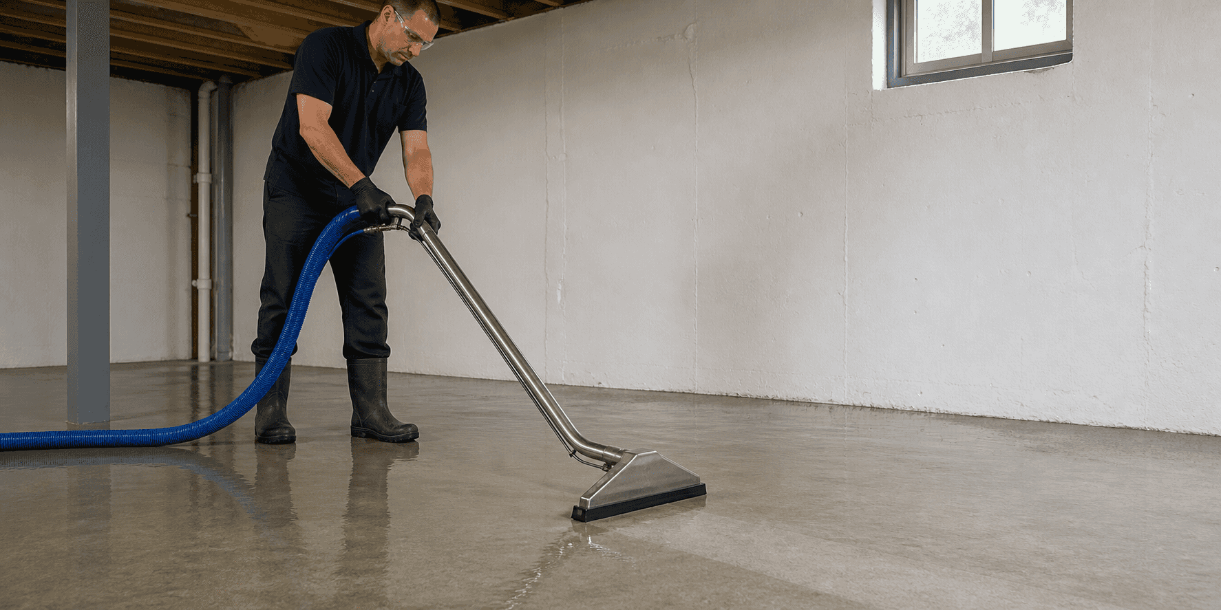A restoration technician extracts clean water from a basement floor with a professional floor wand.